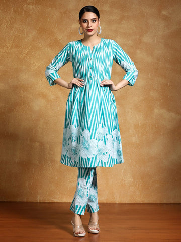 Varanga Women-Floral & Stripper Printed Flared Kurta With Trouser